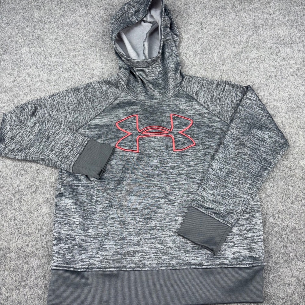 Under Armour ColdGear Hoodie Mens Medium Grey Space Dye Pink Logo Pullover Sport